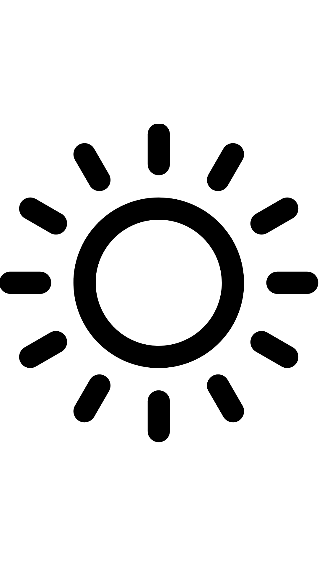 Eine minimalistische, schwarz-wei&szlig;e Liniengrafik auf wei&szlig;em Hintergrund. Im Zentrum ist das einfache Symbol einer Sonne mit einem kreisrunden Mittelpunkt und gleichm&auml;&szlig;ig angeordneten, kurzen Sonnenstrahlen zu sehen. Die Grafik ist im klaren, plakativen Icon-Stil mit dicken, sauberen Konturen gestaltet.